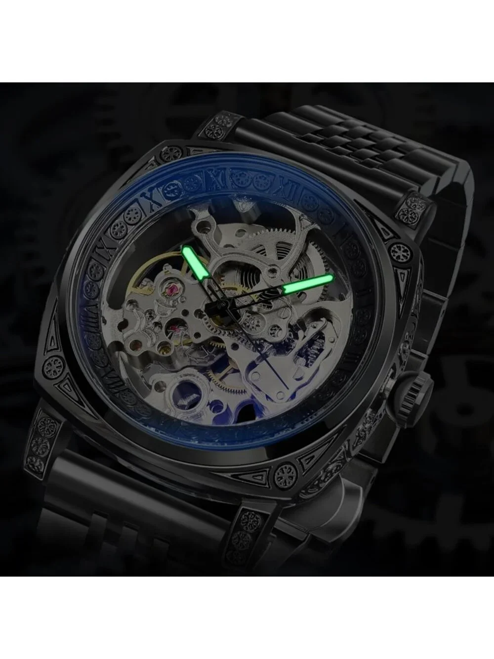 Men's Black Square Mechanical Stainless Steel Self-Wind Carved Automatic Watch